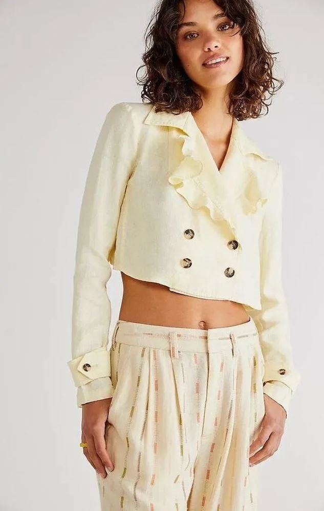 Free People Light Yellow Linen Crossover Back Bennie Crop Blazer Size Small - Image 5