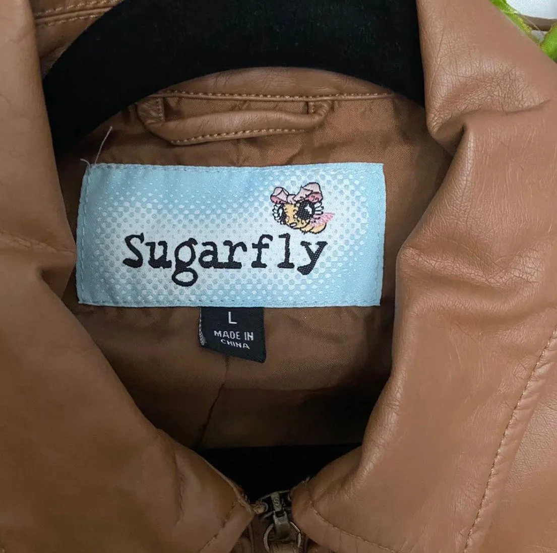 “SugarFly” Tobacco Brown Faux Leather Bomber Jacket  - Image 5