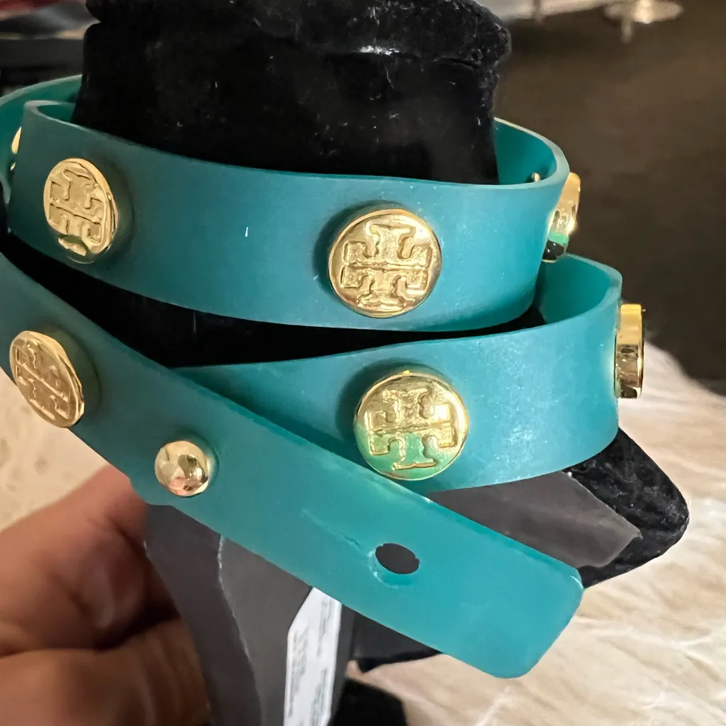Tory Burch Logo Studded Jelly Wrap  
Turquoise Bracelet - Image 13