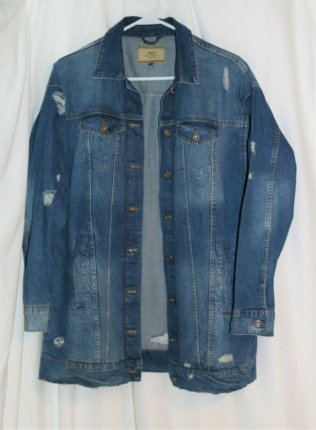 Only Blue Denim 100% Cotton Longline Jacket Womens Size EUR36 Medium Mid Distressed - Image 1