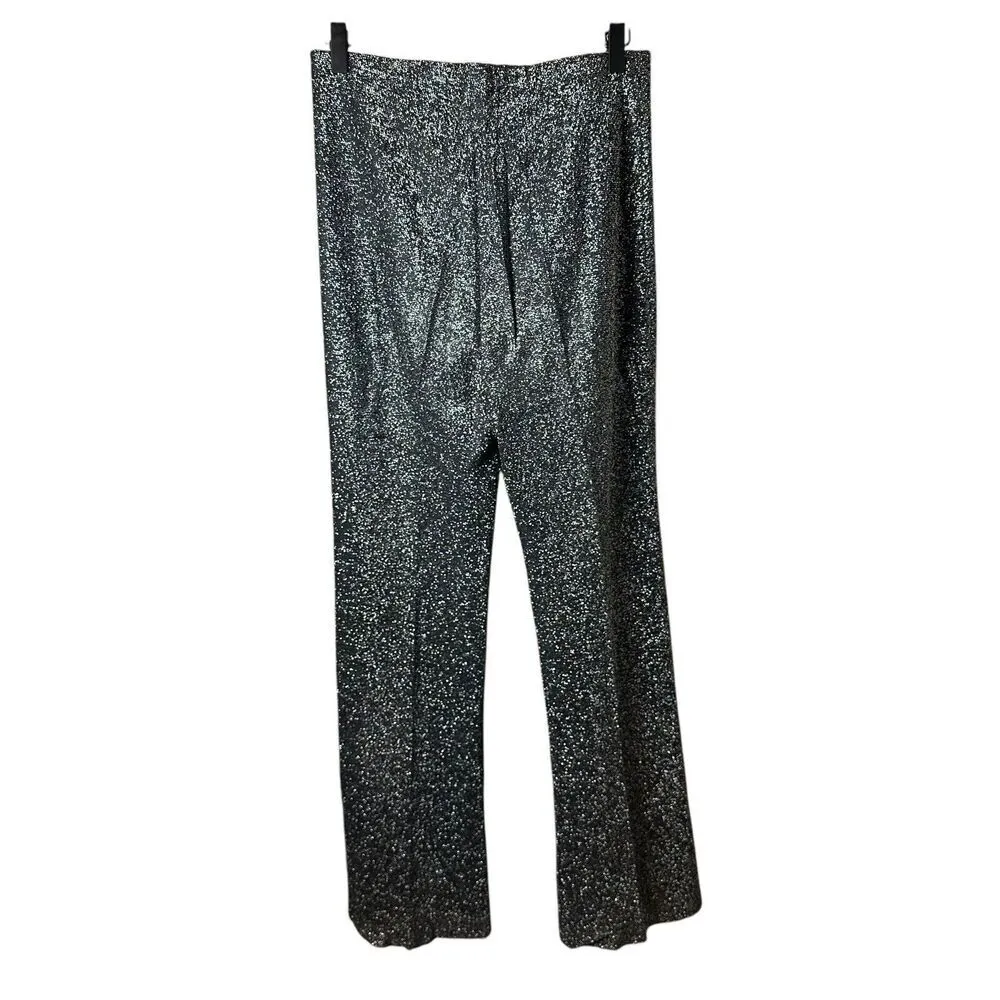 Vintage 70s Three Flaggs Glam Disco Metallic Flare Pull On Stretchy Pants Medium Black - Image 3