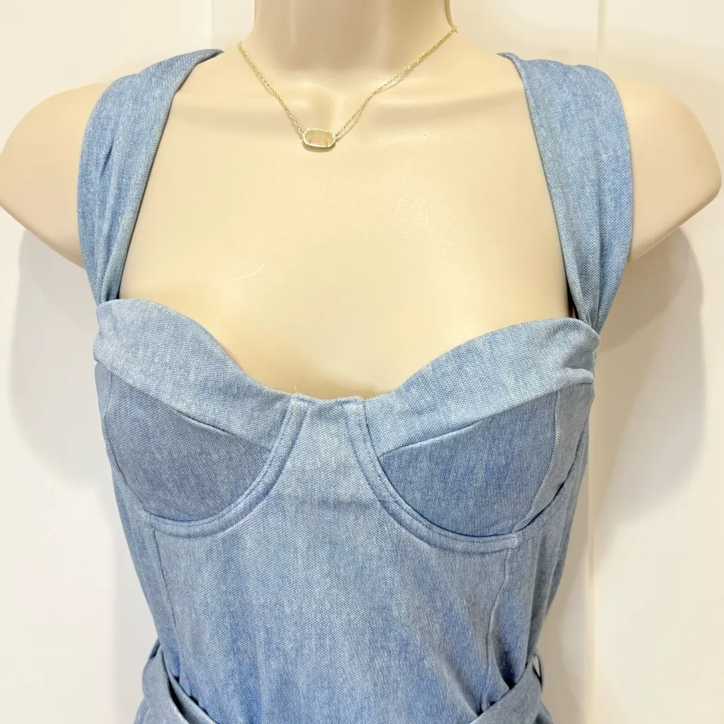 WeWoreWhat Vintage Denim Danielle One Piece Swimsuit Blue Belted Large Chic - Image 4