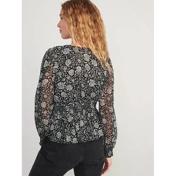 Old Navy Smocked Floral Blouse Size 3X Black Sheer Whimsigoth Lightweight Boho - Image 13