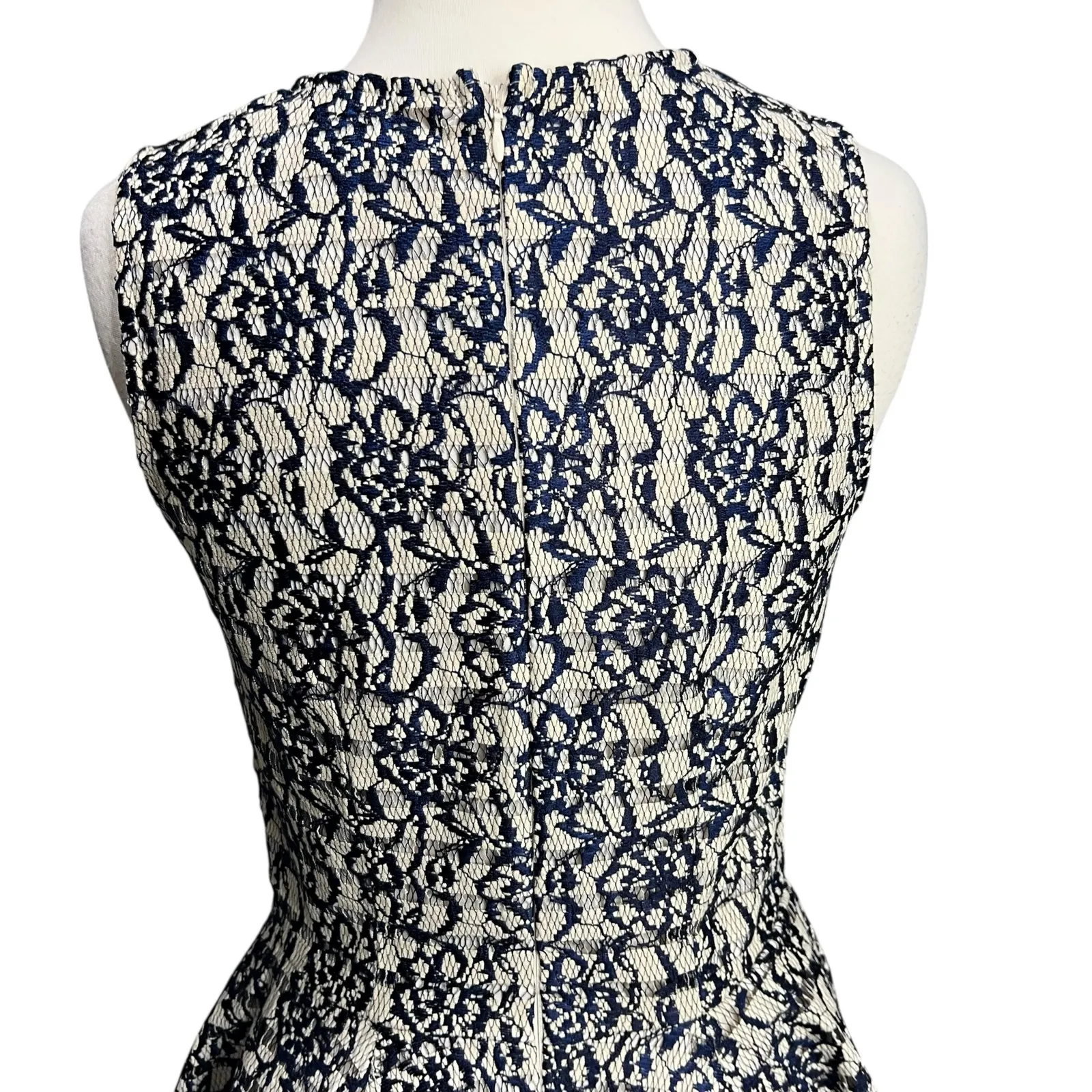 Maison Jules Dress S Beige Blue Floral Lace Overlay Sleeveless Fit Flare Party - Image 6