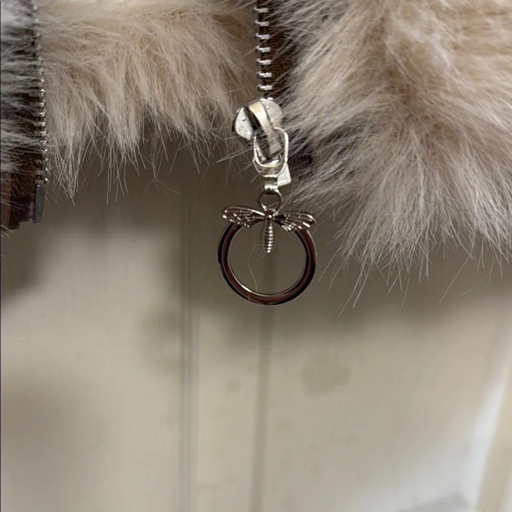 Faux Fur Jacket with Leather Accents Brown Size XS - Image 3