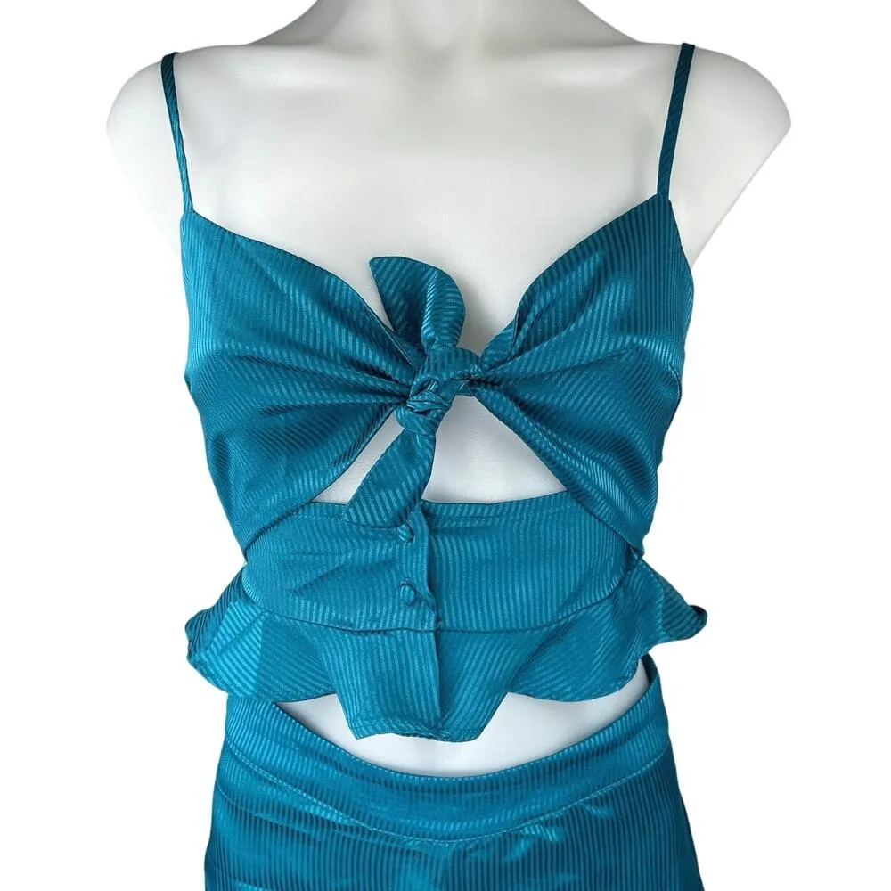 Honey Punch Blue Silky Satin Sleeveless Crop Top & Capri Pants 2 Piece Set XS - Image 4