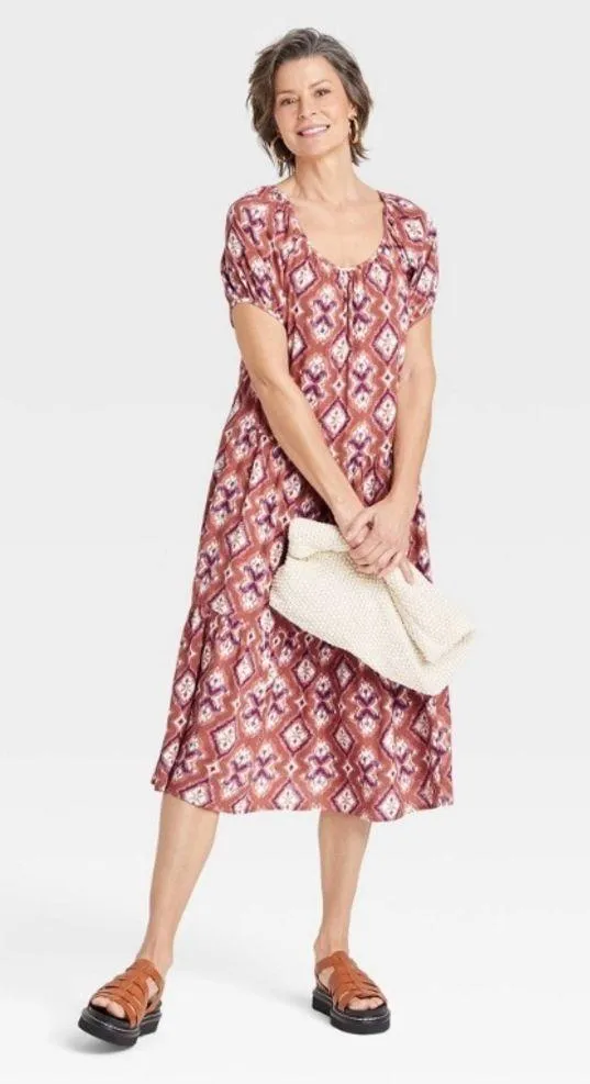 Knox Rose Cognac Puff Short Sleeve Tiered A-Line Midi Dress Size S New! - Image 2