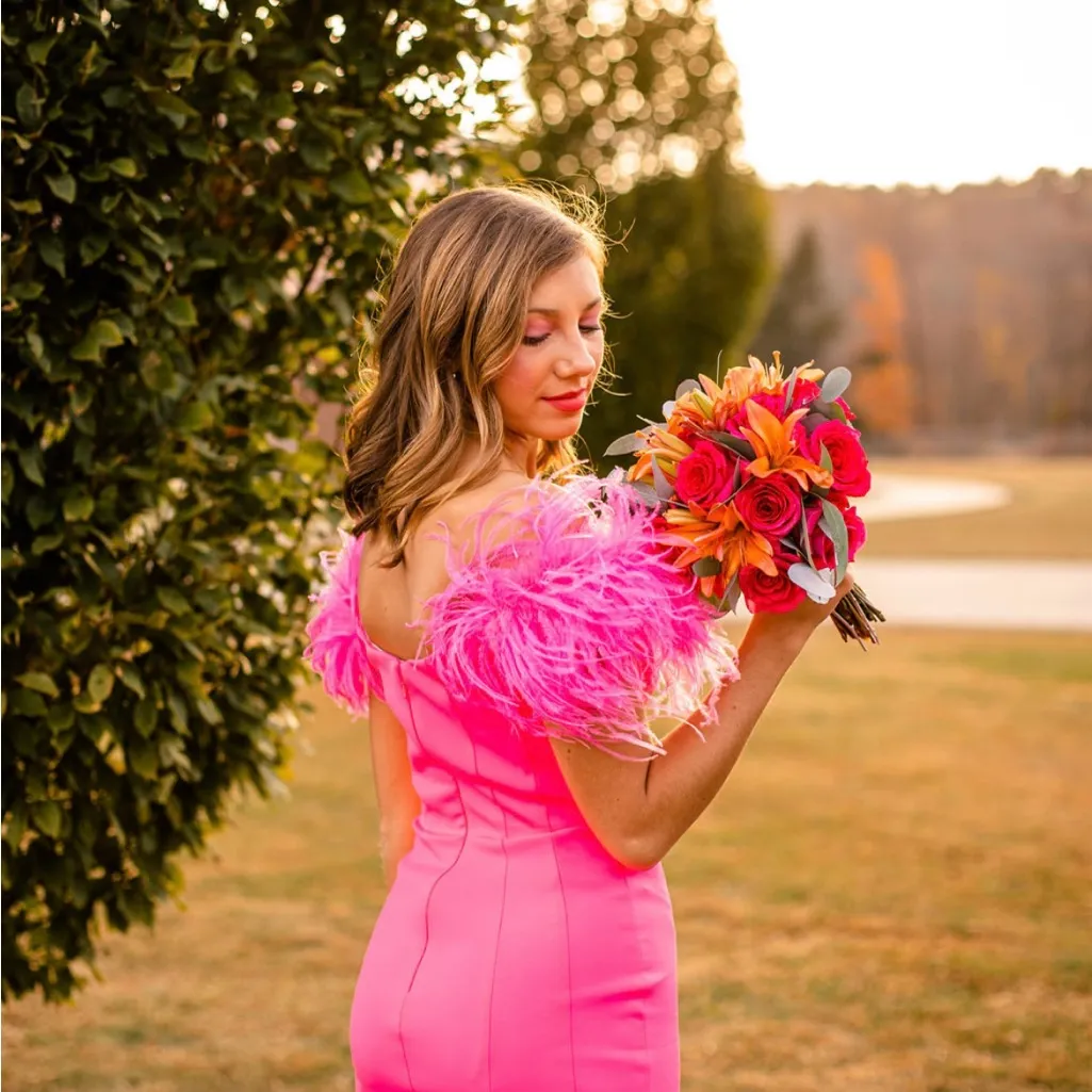 Elegant Pink Off-Shoulder Dress with Feather Details - Image 5
