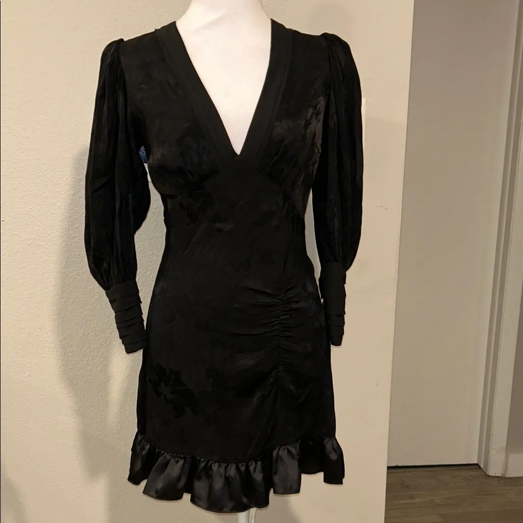 LoveShackFancy Black Jacquard Puff Sleeve Mini Dress XS Satin Ruffle Hem NWT - Image 3