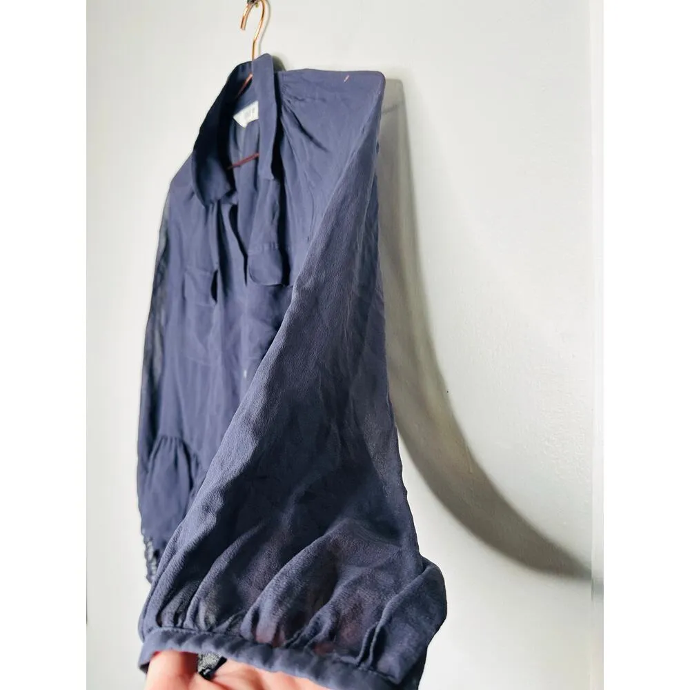 JOIE Navy Ruffle Collared Sheer Button Front Long Sleeves Blouse Top Size Small - Image 3