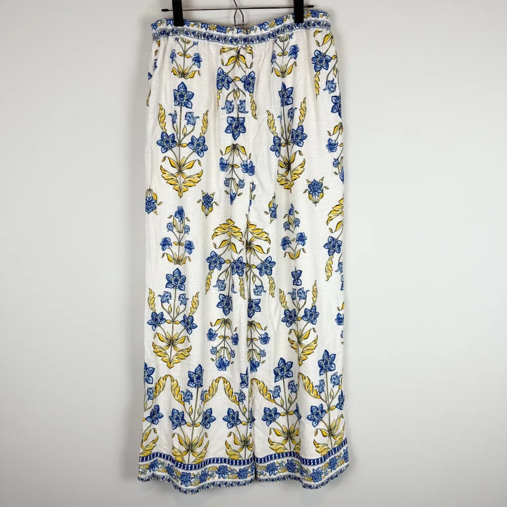 Draper James Linen Blend Wide Leg Printed Pants Blue Yellow Floral Size Medium - Image 9