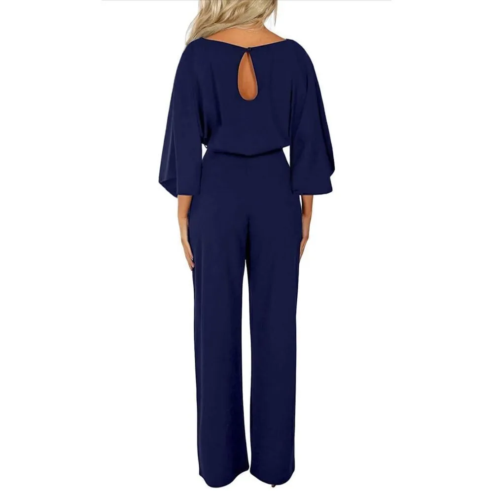 NEW Casual Loose 3/4 Sleeve Wide Leg Pant Jumpsuit XL no belt Blue - Image 2