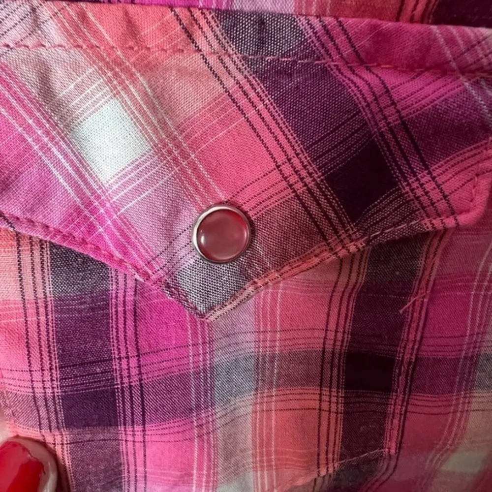 Wrangler Top 3XL Button-Front Western Shirt Pink Orange Plaid Pearl Snap Women's - Image 5