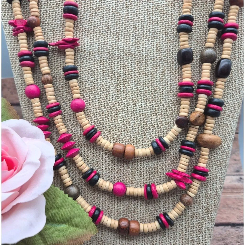 Vintage Artisan Boho Multi-Strand Wood Beaded Necklace Chunky Pink Brown Tribal - Image 3