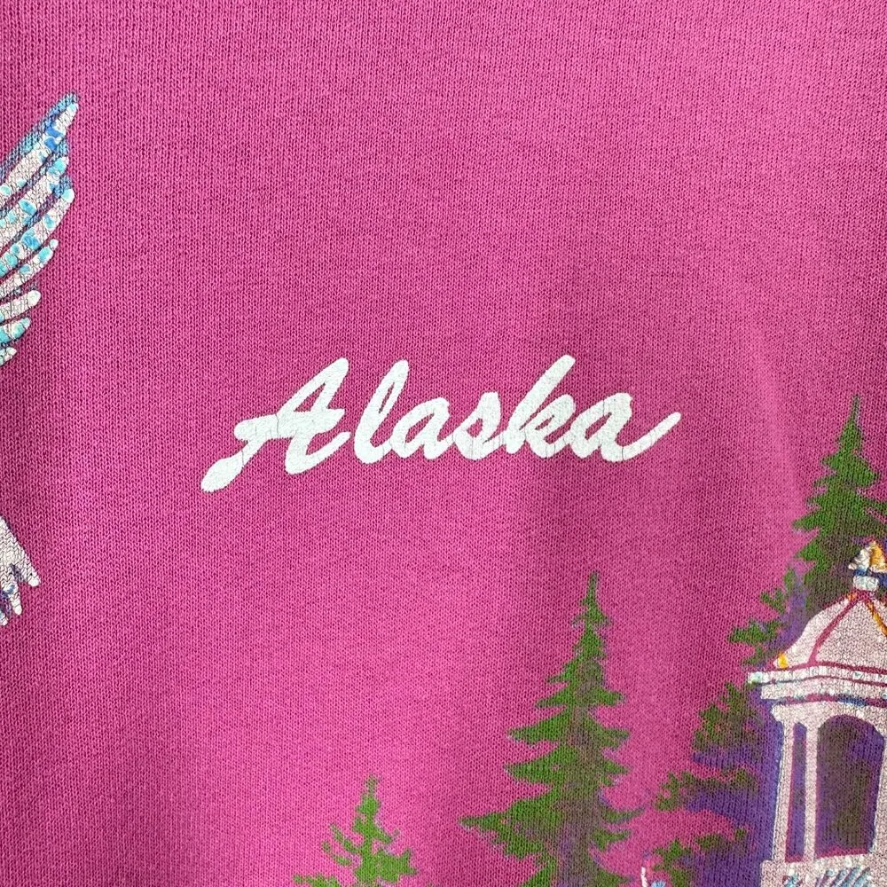 Vintage Alaska Wildflower Hummingbirds Painted Screenprinted Pink Sweatshirt Size L - Image 6