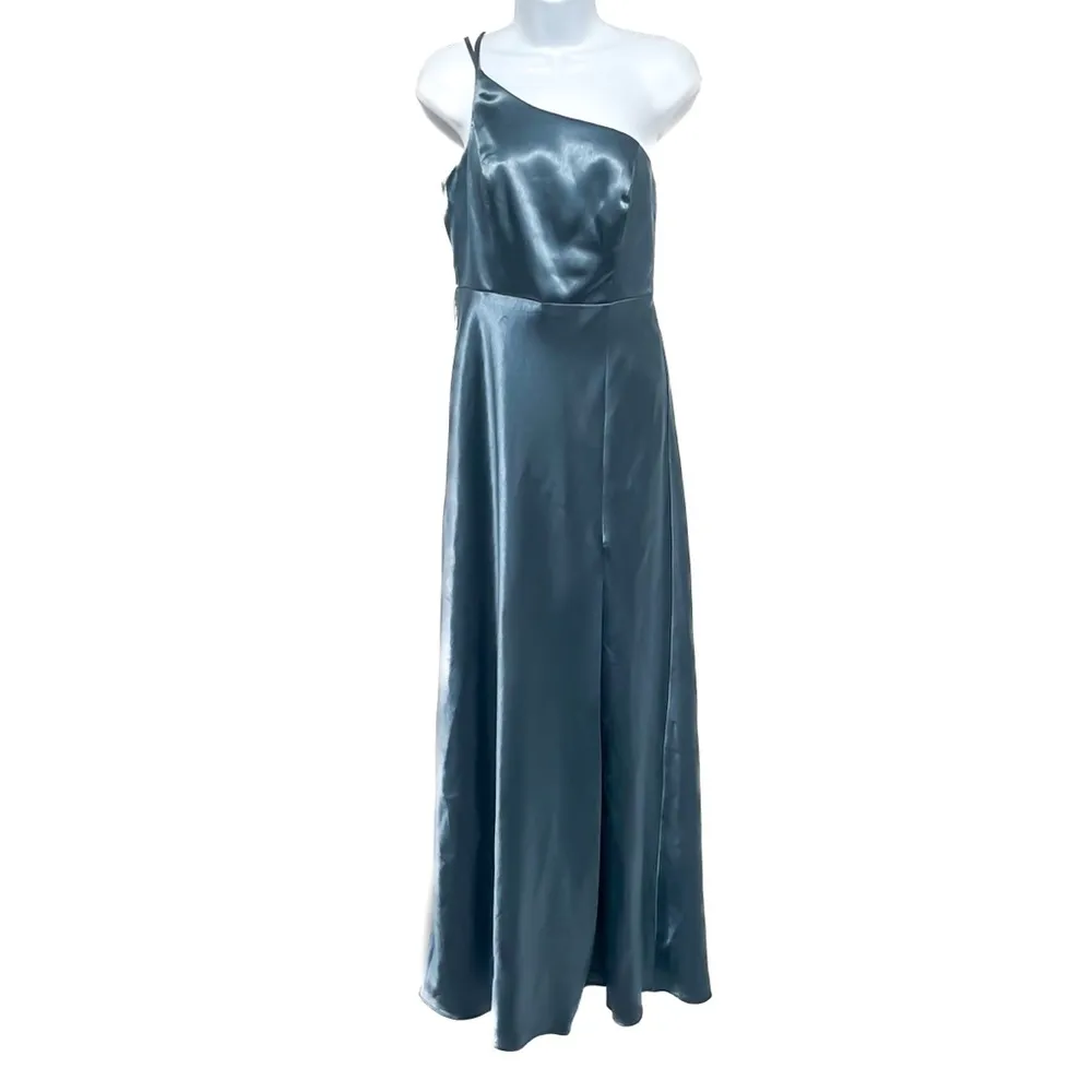 Birdy Grey Shiny Satin Kensie One Shoulder Maxi Gown Dress French Blue Small - Image 4