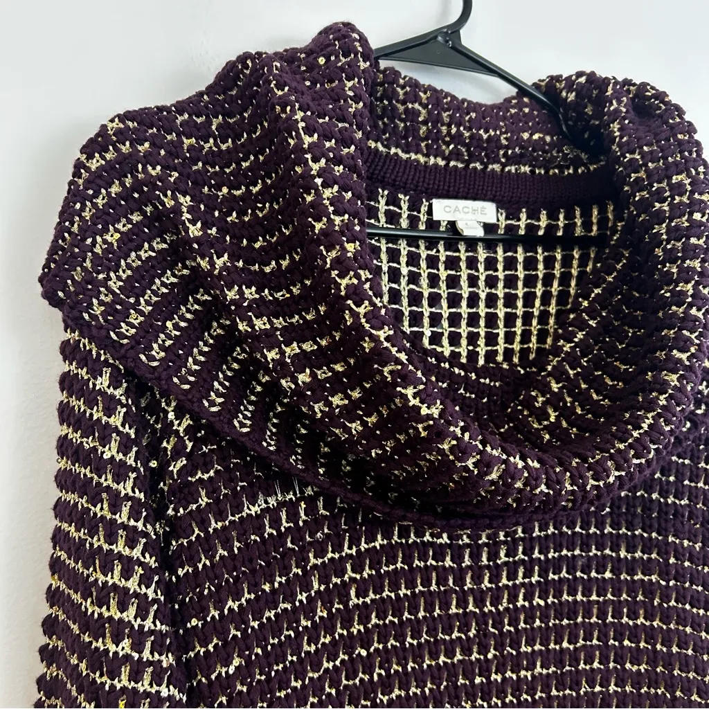 Cache Plum Purple/Gold Cowl Neck Knit Pullover Sweater Size Large - Image 2