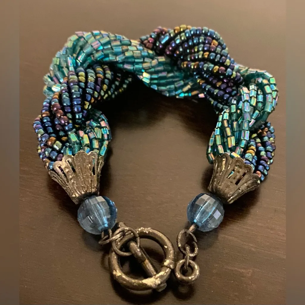 Artisan Blue & Teal Glass Beaded Twist Bracelet | Handwoven Statement Jewelry - Image 2