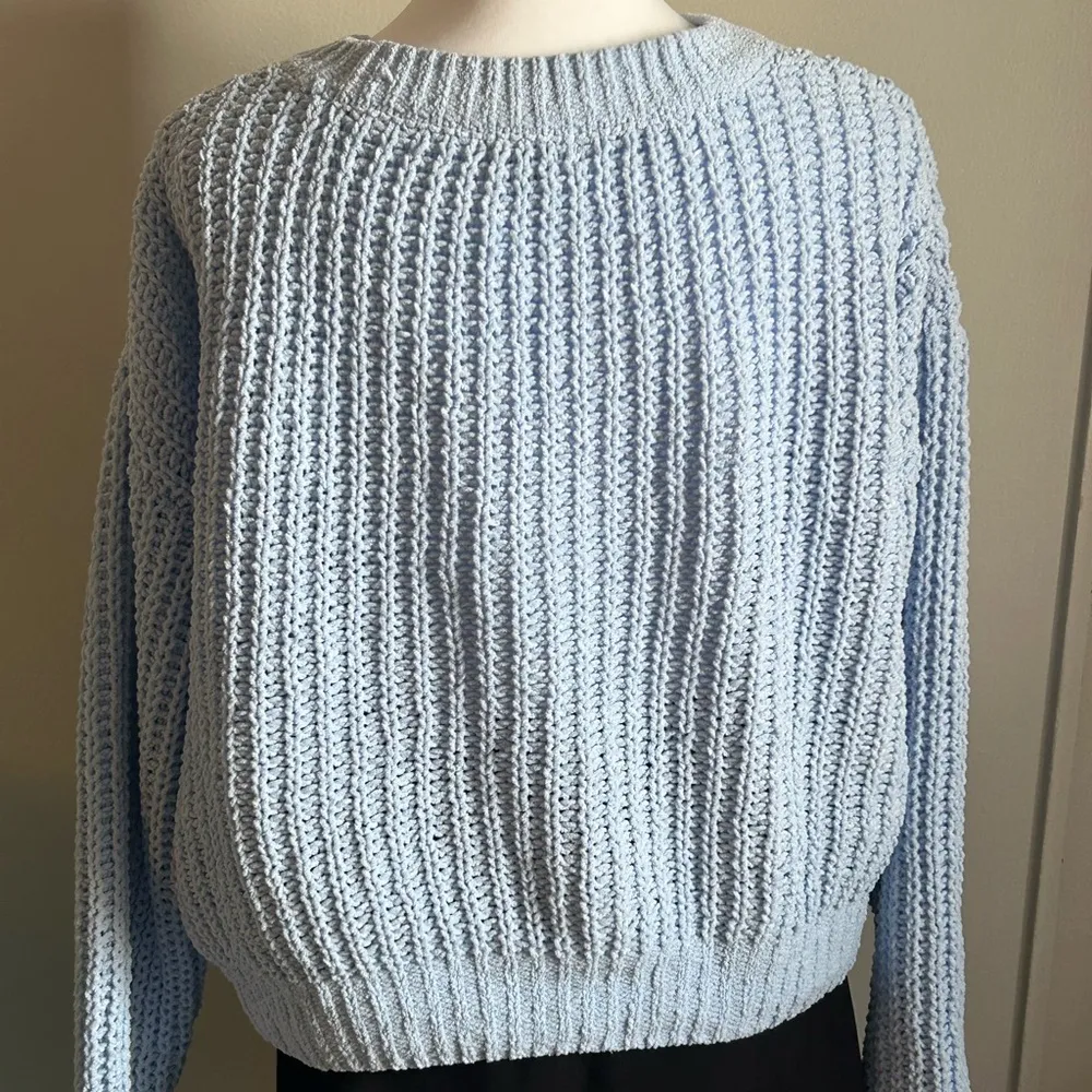 SO Chunky Knit Chenille Light Blue Slight Crop Hemline Long Sleeve Sweater - Image 8