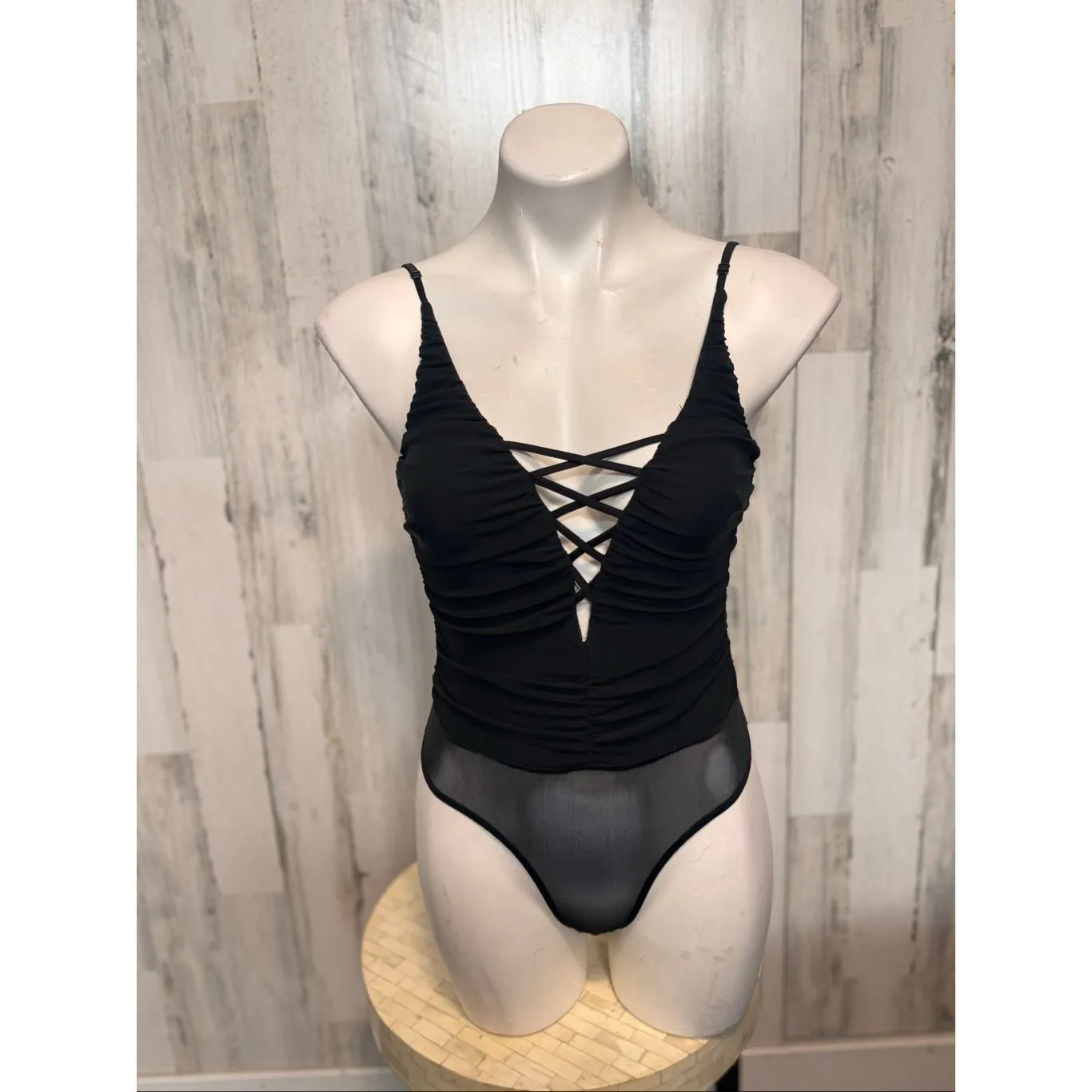 Windsor Black Lace Up Bodysuit Women’s M – Sheer Mesh Back, Ruched Front, Sexy N - Image 5