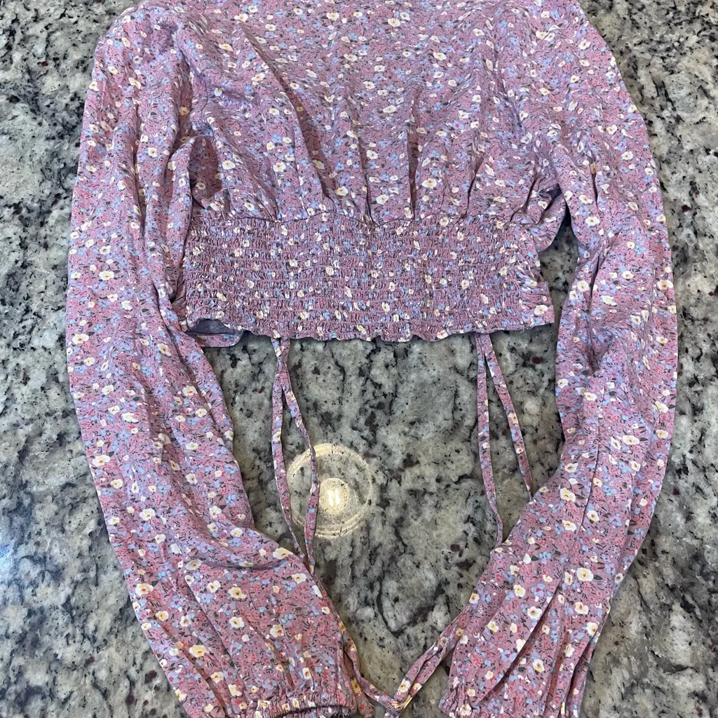Aeropostale Floral V-Neck Ruched Blouse - Purple - Image 4