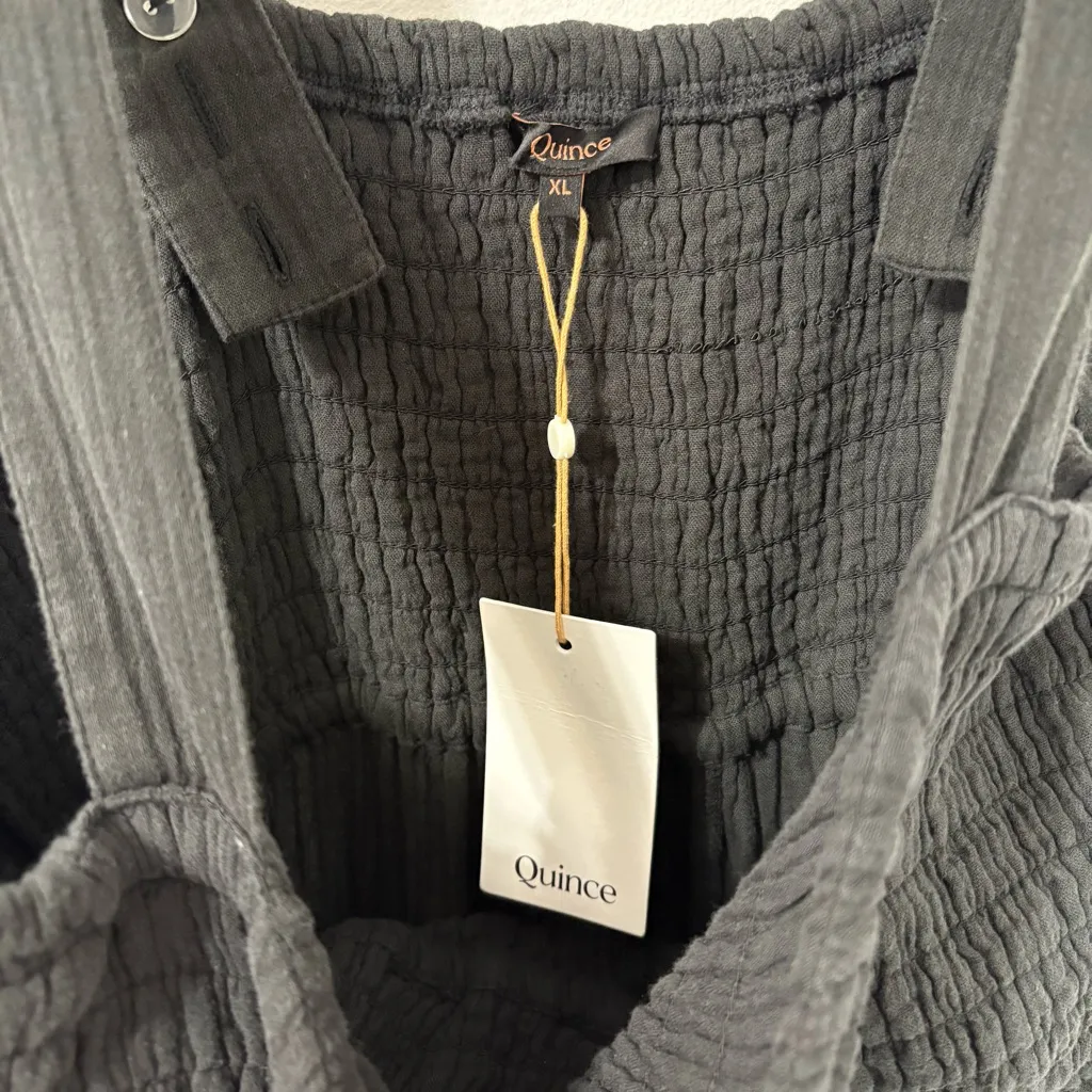 NWT Quince Women 100% Organic Cotton Gauze Smocked Wide Leg Jumpsuit Black Sz XL - Image 5