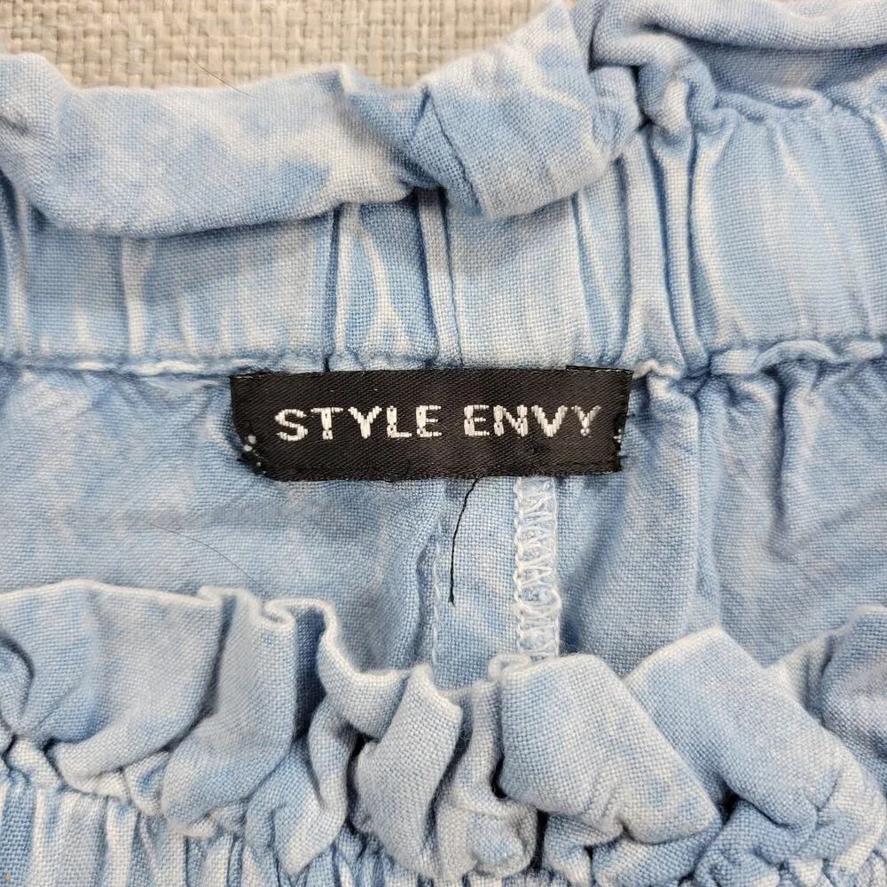 Style Envy Women Dress Size S Blue Chambray Off The Shoulder Floral Embroidered - Image 2