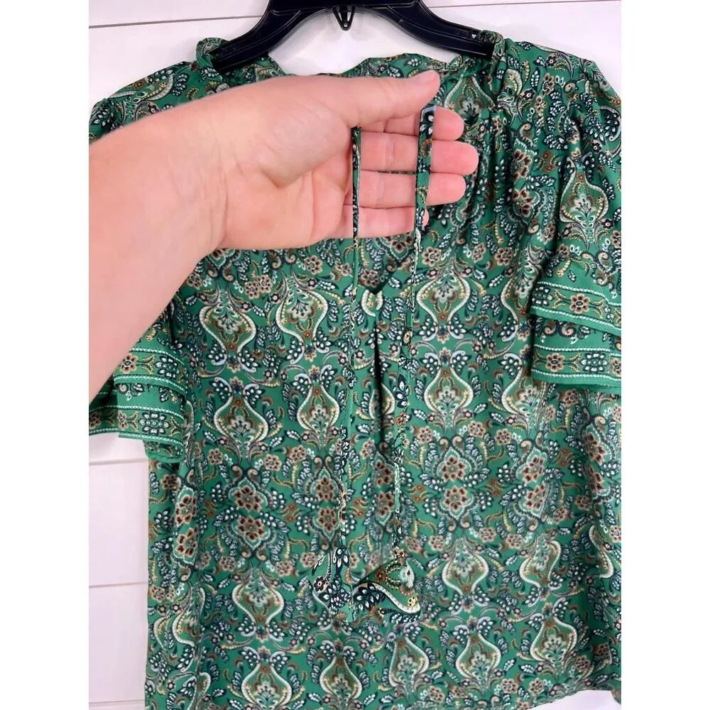 Max Studio Green  Peasant Blouse Ruffle Detail Patterned Short Sleeves Size M - Image 7