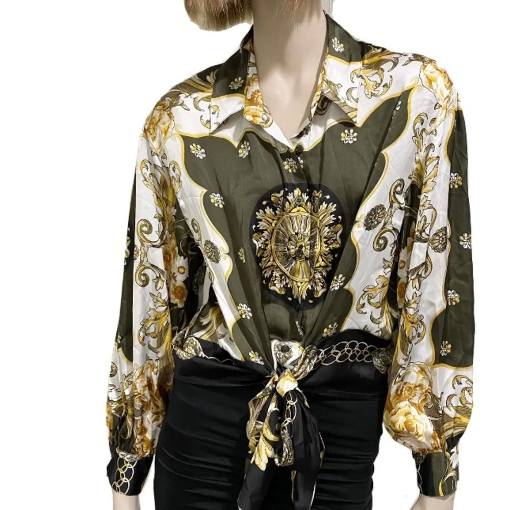 Soho NYC Green/Gold Scarf Print Front Tie Blouse S - Image 4
