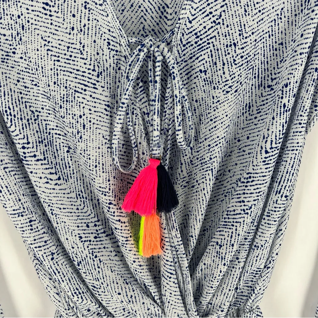 Surf Gypsy‎ Blue Spotted Print Colorful Tassels Flare Sleeves Tie Front Romper M - Image 3