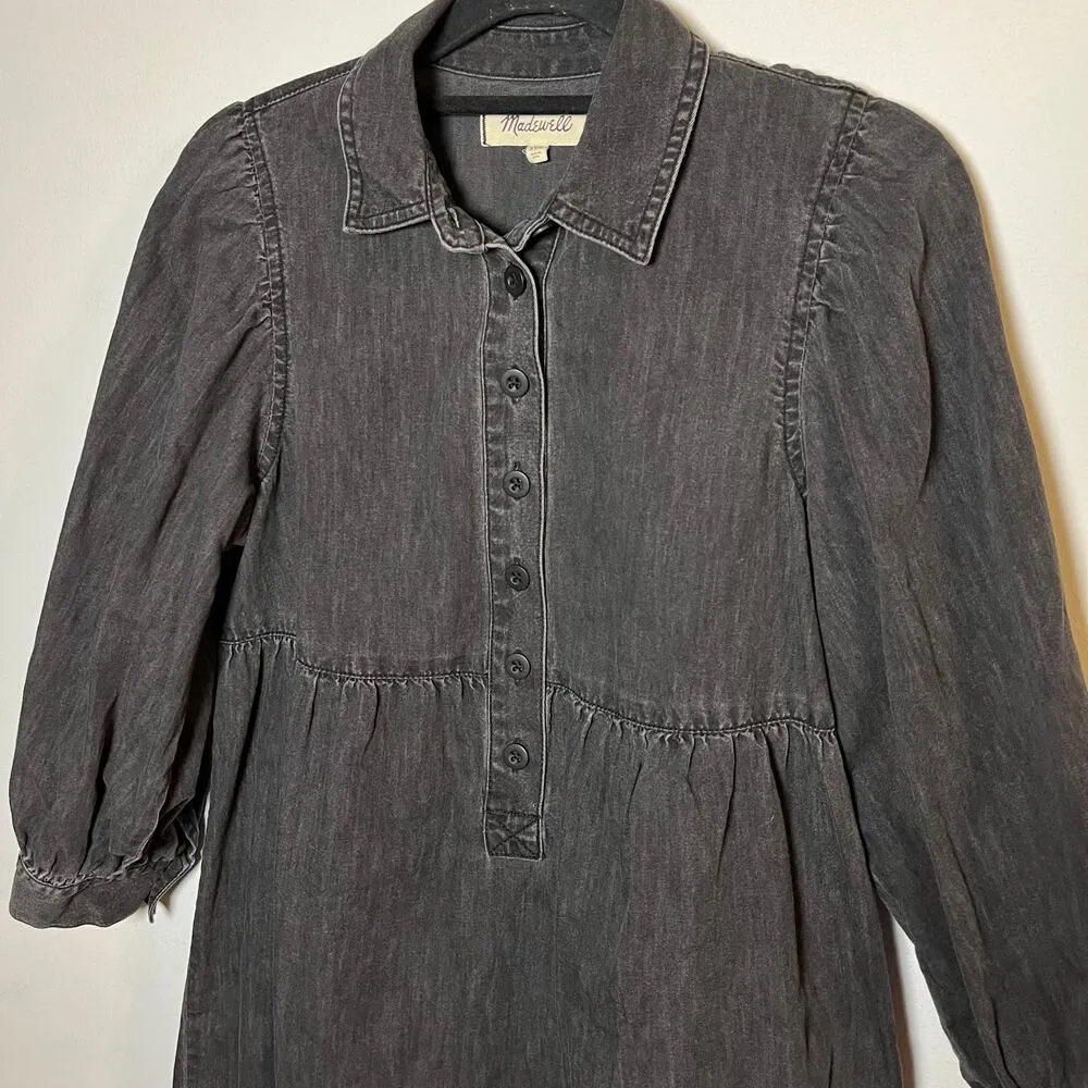 Madewell Denim Babydoll Shirt Dress Washed Black‎ Jean Size XXS Cottagecore Boho - Image 12