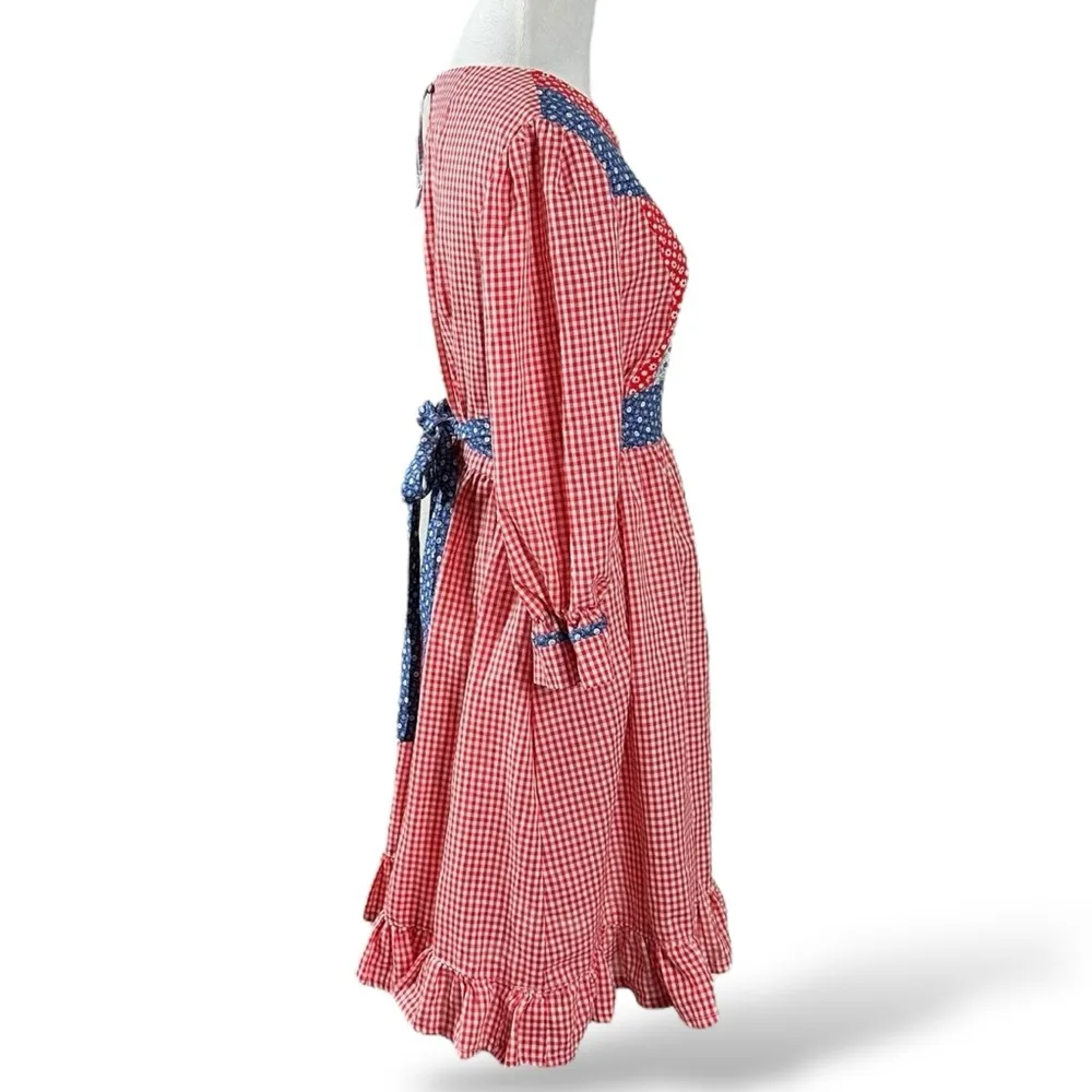 Vintage 70s Handmade Patchwork Picnic Prairie Dress Red Blue Gingham Medium - Image 3