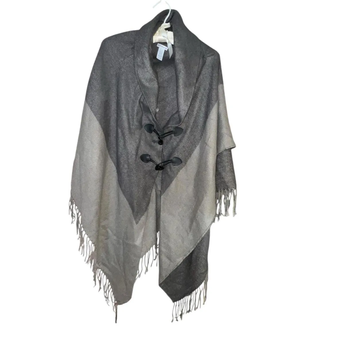 Croft & Barrow Taupe Two-Tone Toggle Poncho Cape Wrap Shawl OS Acrylic Fringe - Image 2