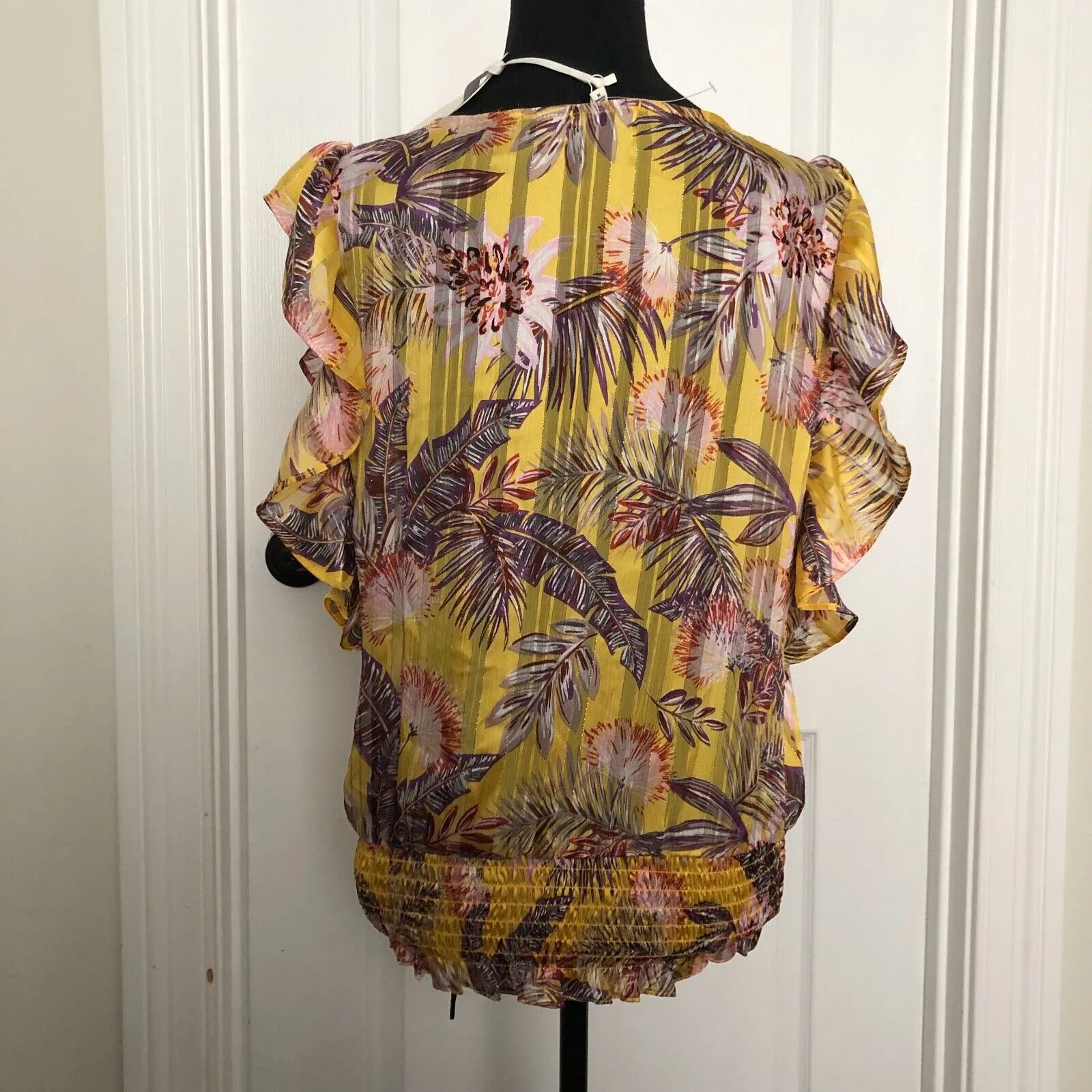 Pleione Womens Blouse‎ M Yellow Ruffled Sleeveless Floral Smocked Waist NWT - Image 2