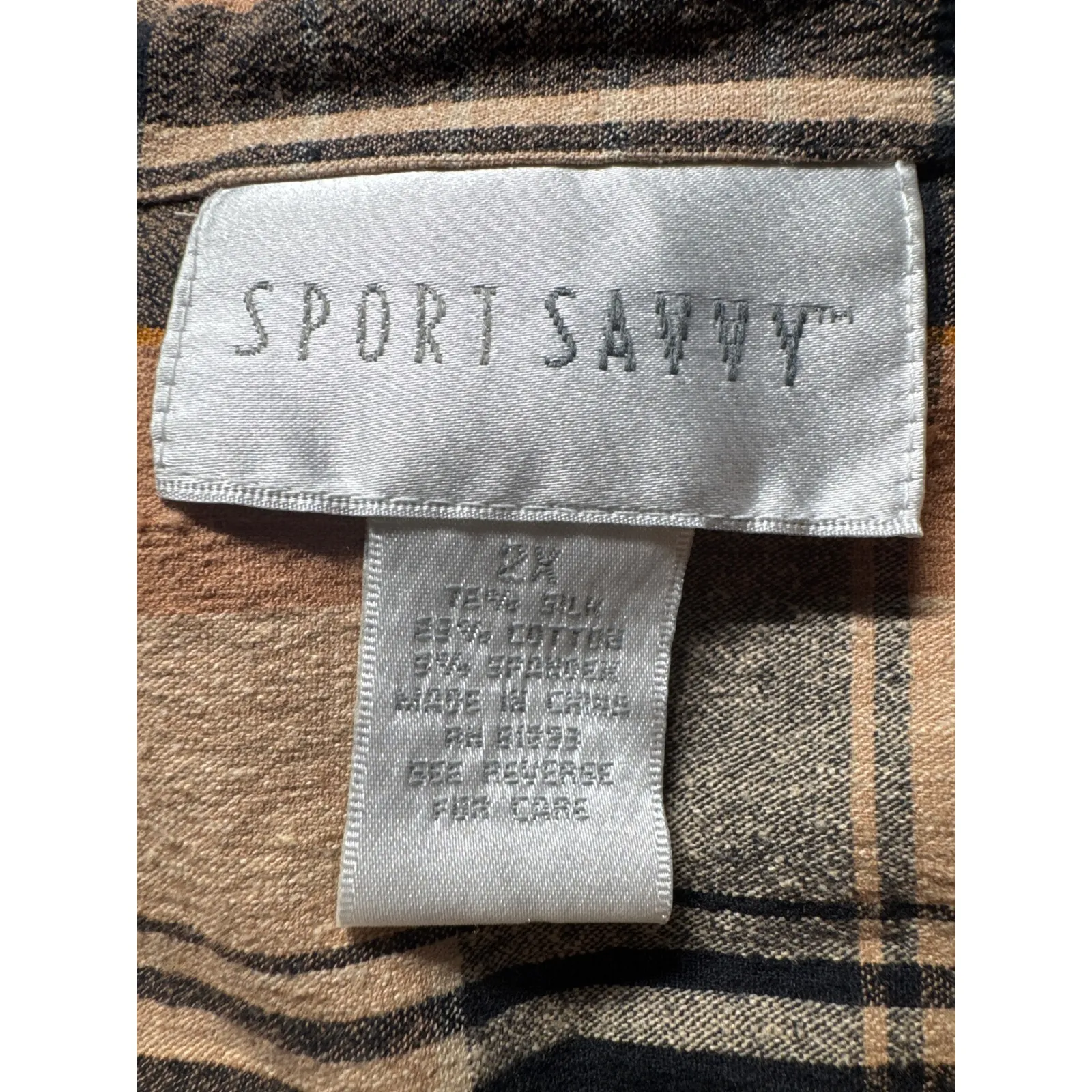 SPORT SAVVY Womens 2X Plaid Button Up Shirt Silk Cotton Blend Orange Black - Image 8