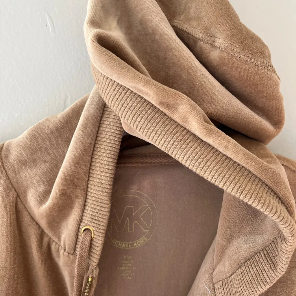 Michael Kors Sz M Tan Velour Full Zip Hoodie Jacket Sweater Pockets - Image 3