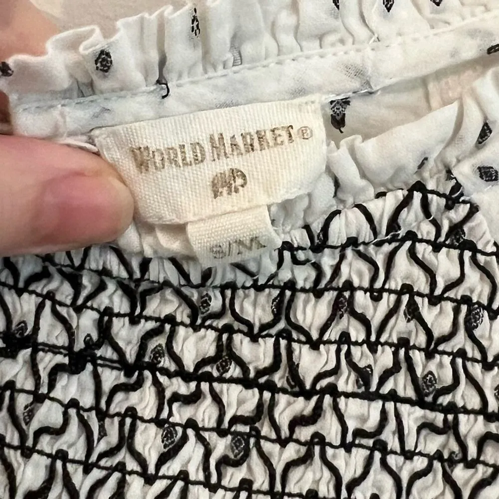 World Market Top Women S/M Blouse White Black Peasant Ruffle Feminine Cotton Top Size M - Image 4