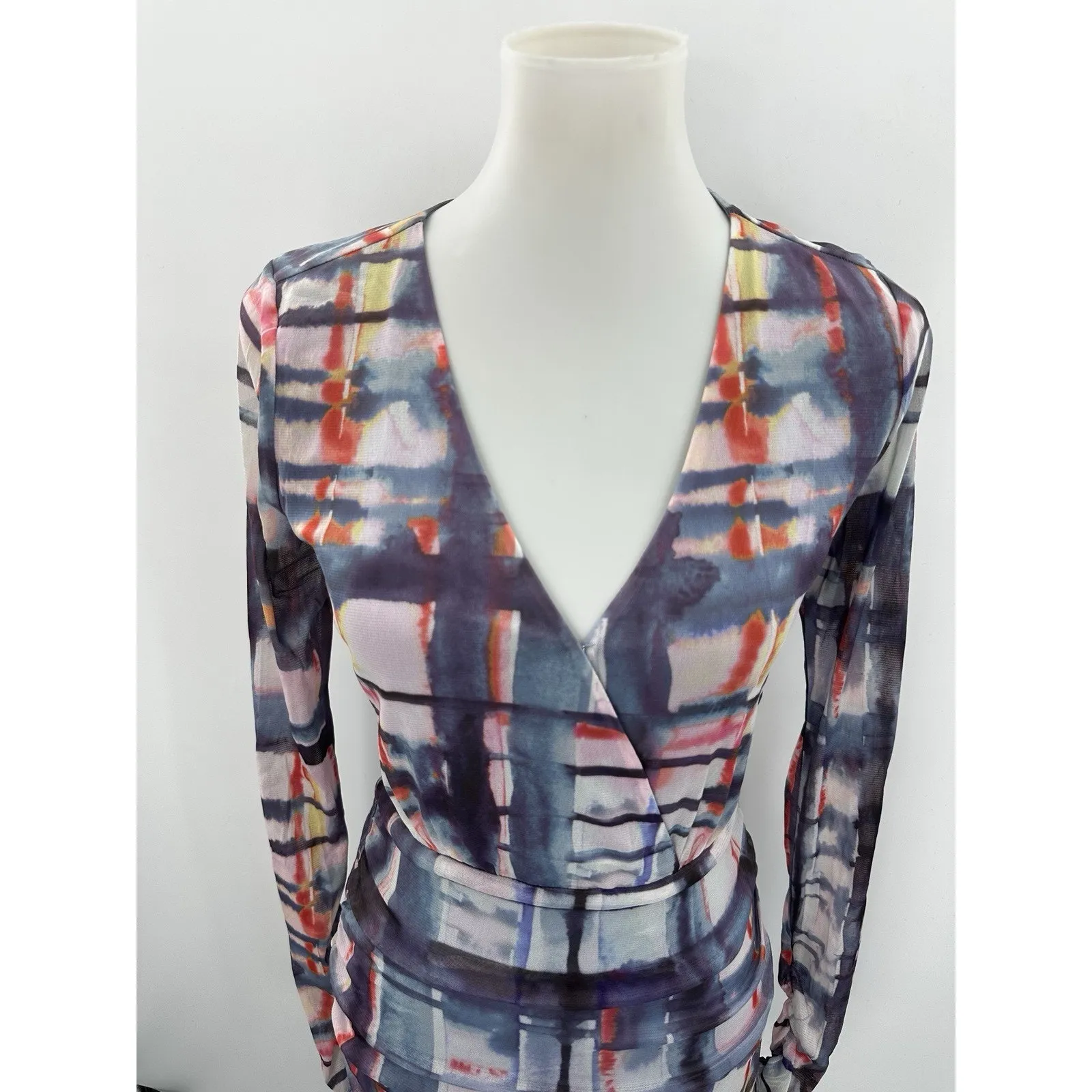 Parker Mildura Ruched Long Sleeve Printed Mini Dress Size 2 Stretch - Image 4