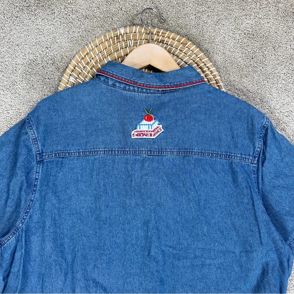 White Stag Vintage Denim Button Down Shirt Cherry School Embroidered 22W/24W - Image 8