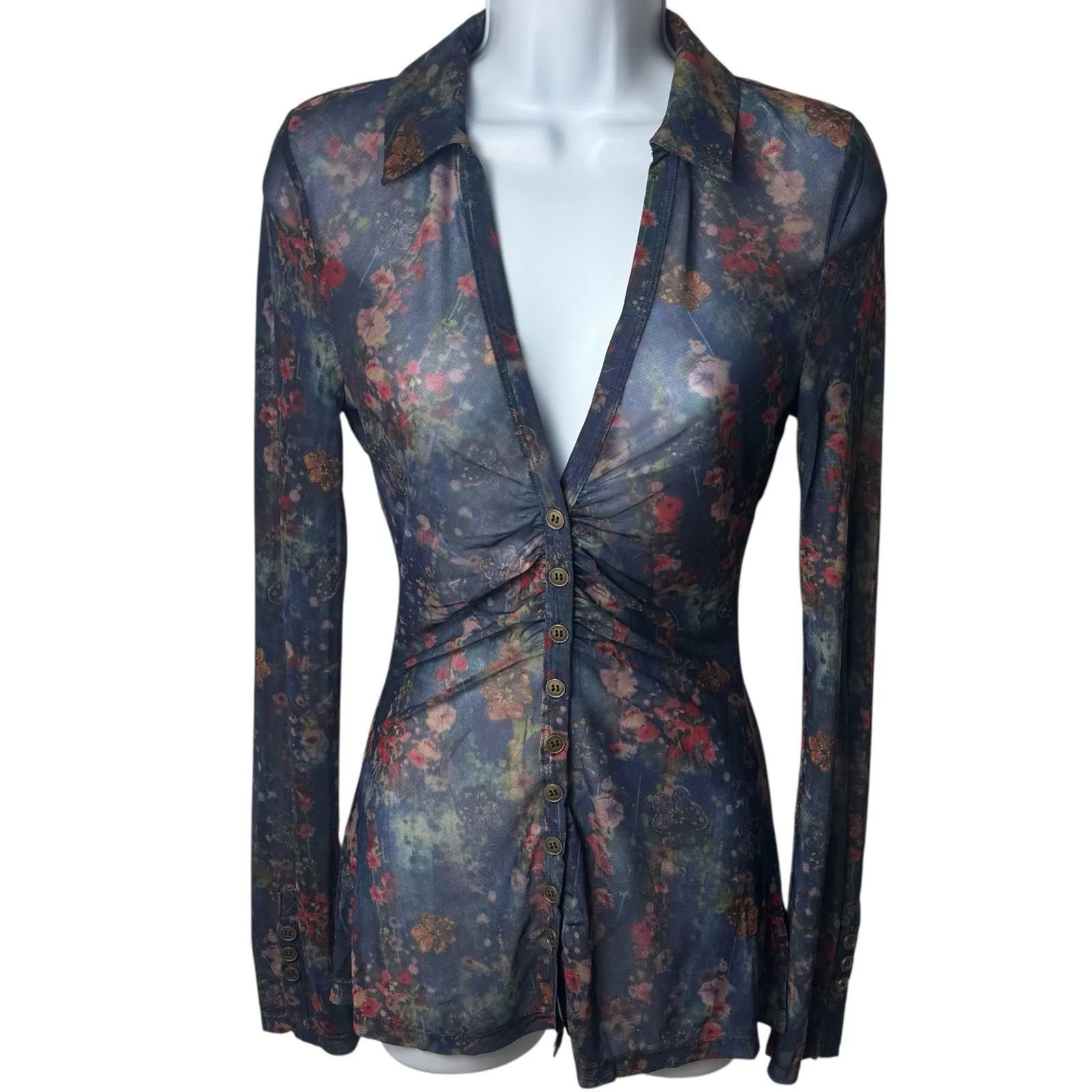 Natural Life Carina Sheer Mesh Floral Button Up Watercolor Boho Ethereal S - Image 2