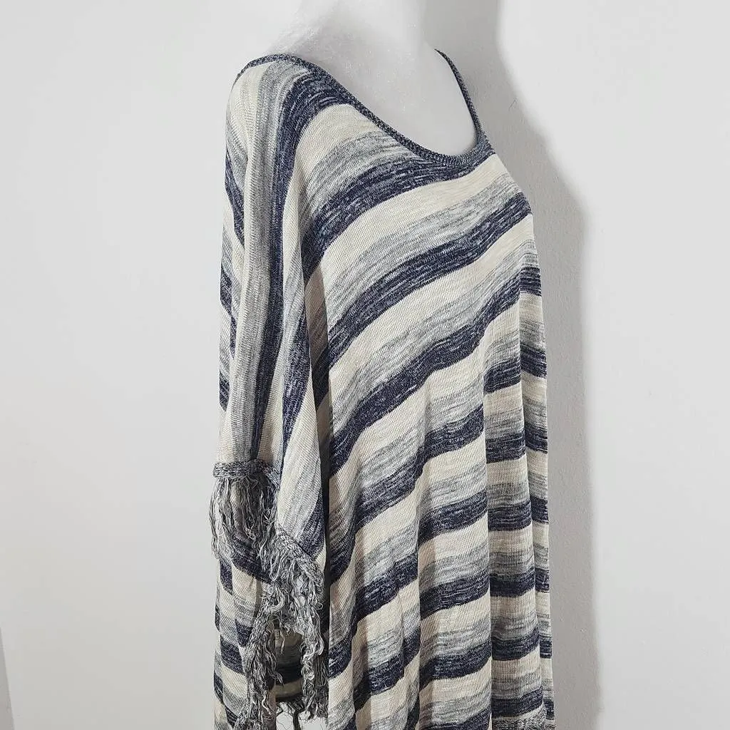 Say What? Navy and Gray Striped Poncho with Fringe Hemline NWOT One Size - Image 5