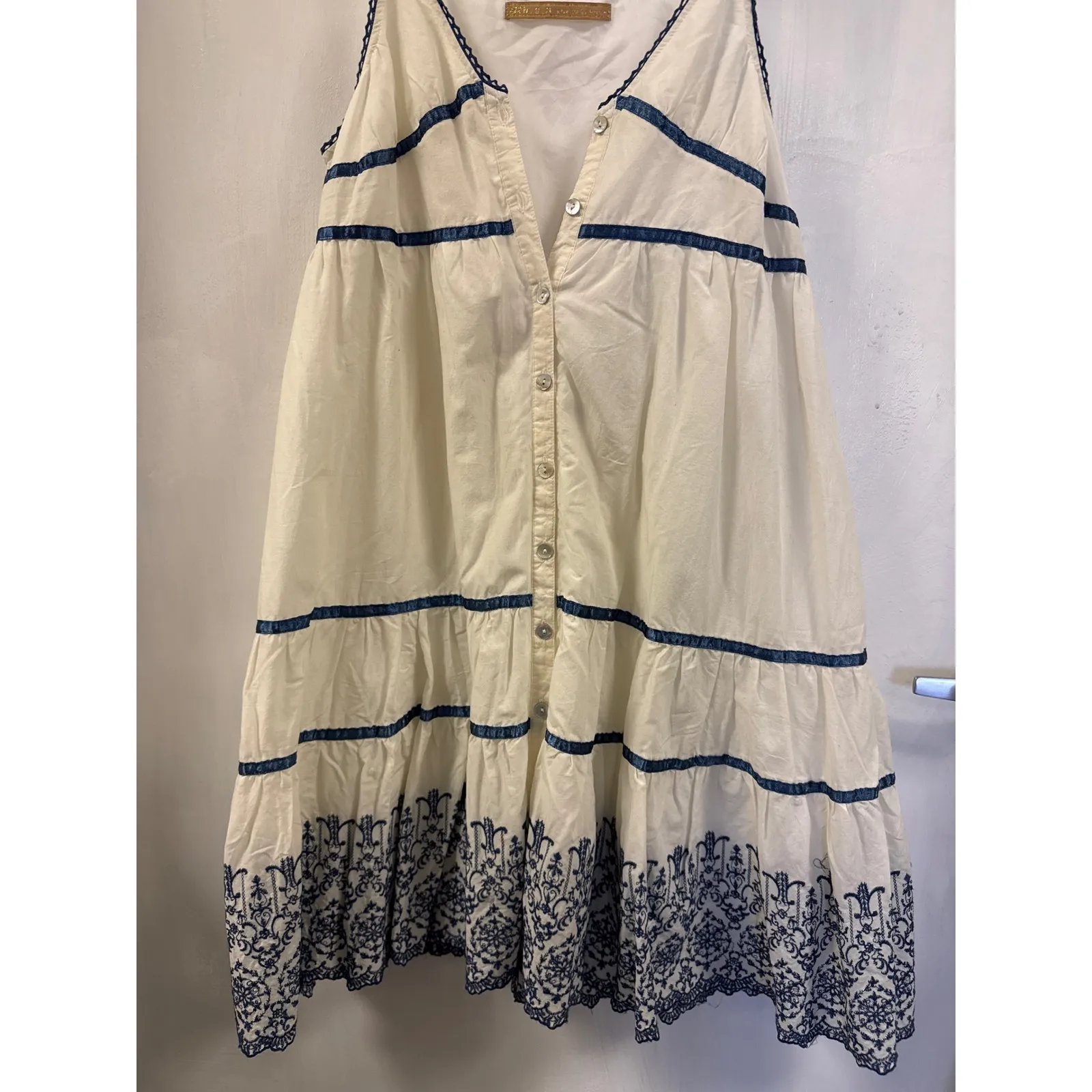 Sleeveless‎ Dress Tiered Embroidery Blue Trim Casual Summer Sundress Size M - Image 4