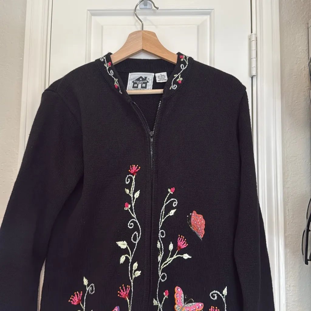 Storybook knits butterfly garden embroidered zip up cardigan Black - Image 3