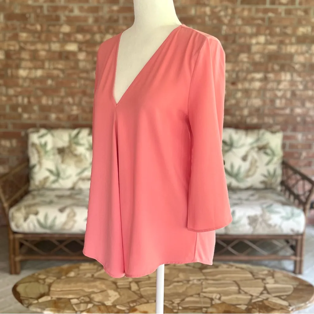Ann Taylor Top V-Neck Crepe 3/4 Flared Sleeve Coral Peach S Casual brunch Office - Image 5