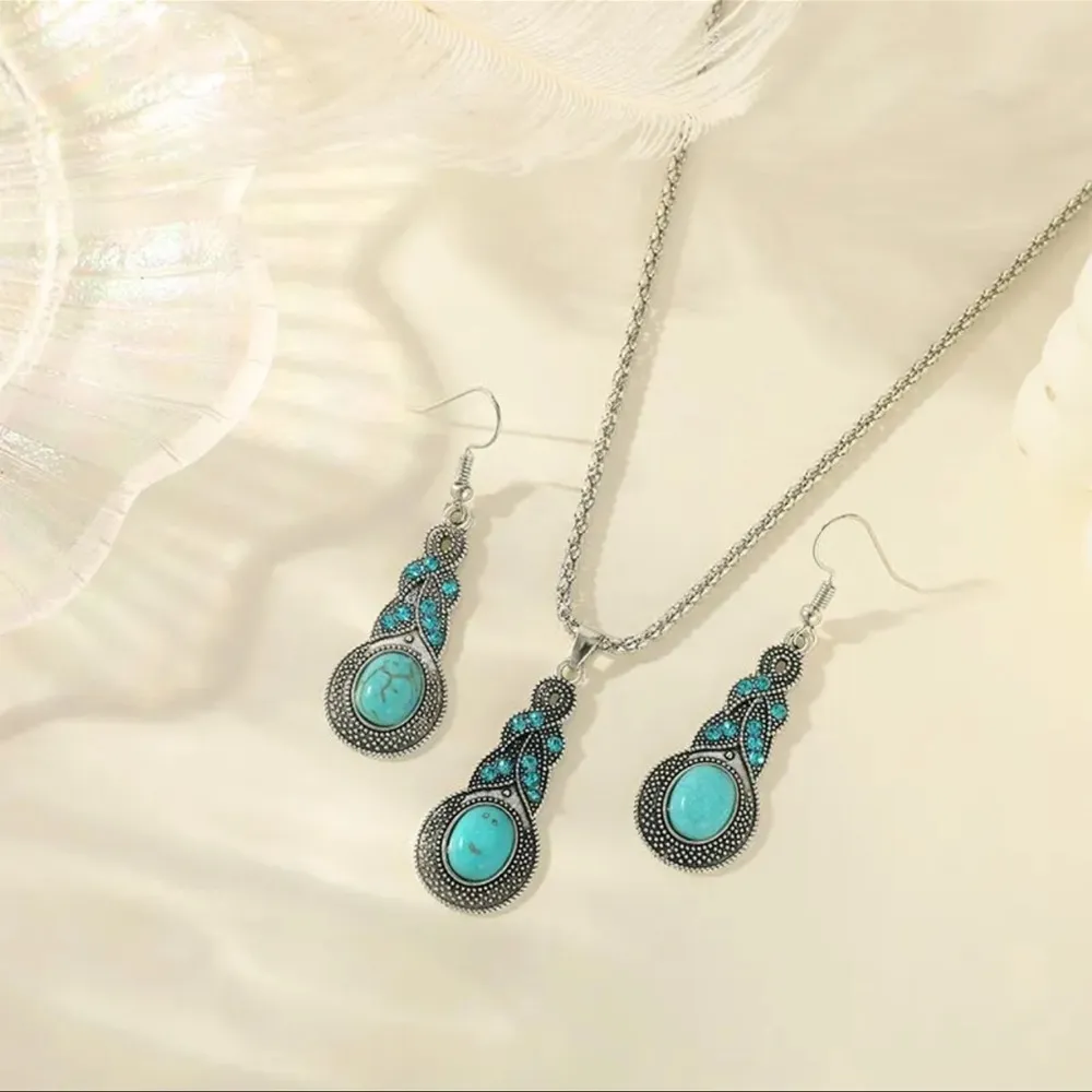 3pcs Necklace Earring Set For Men And Women Vintage Style Blue Crystal Inlaid Tu Silver - Image 2