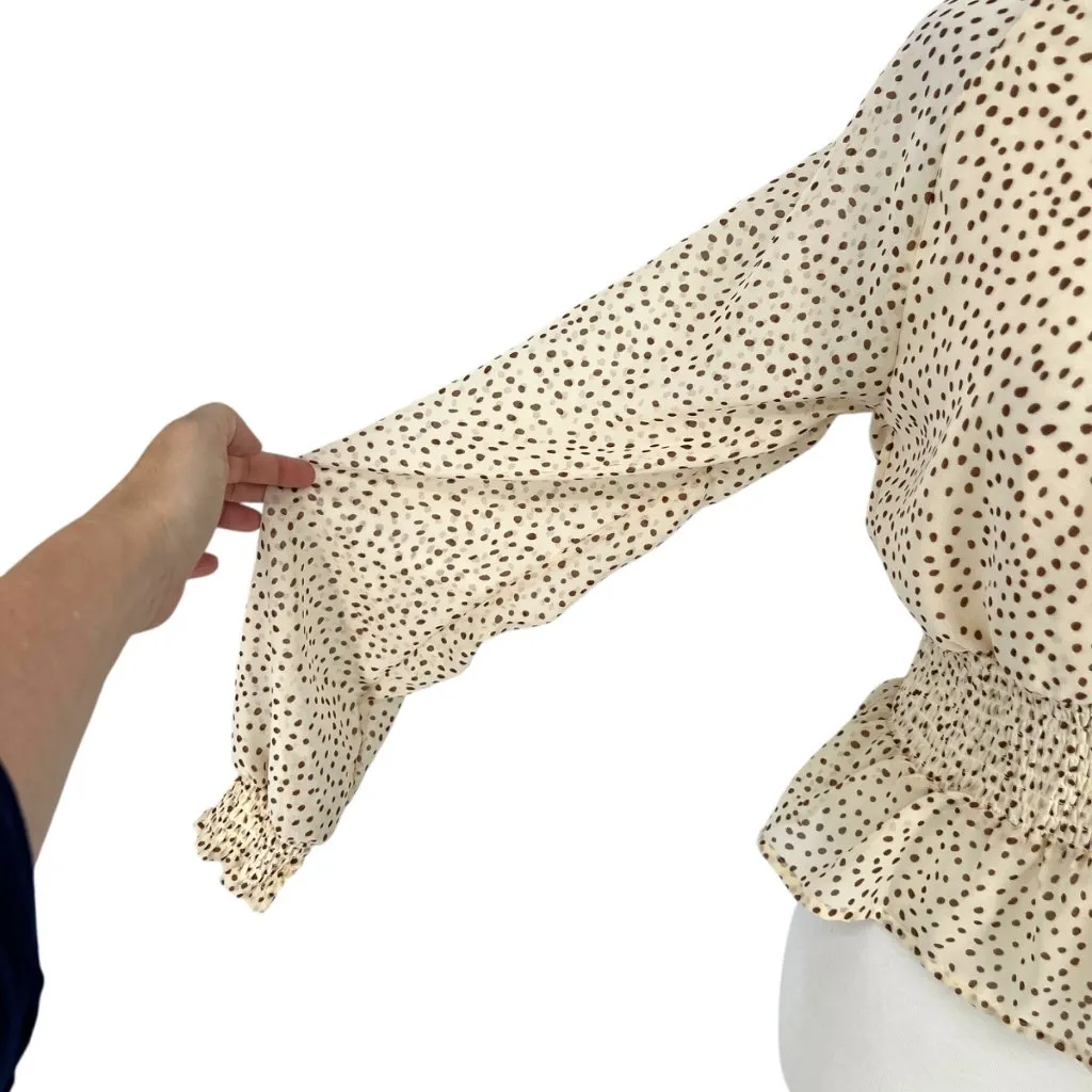 Japna Polka Dot Faux Wrap Blouse Smocked Waist Cream Beige Size Medium - Image 3