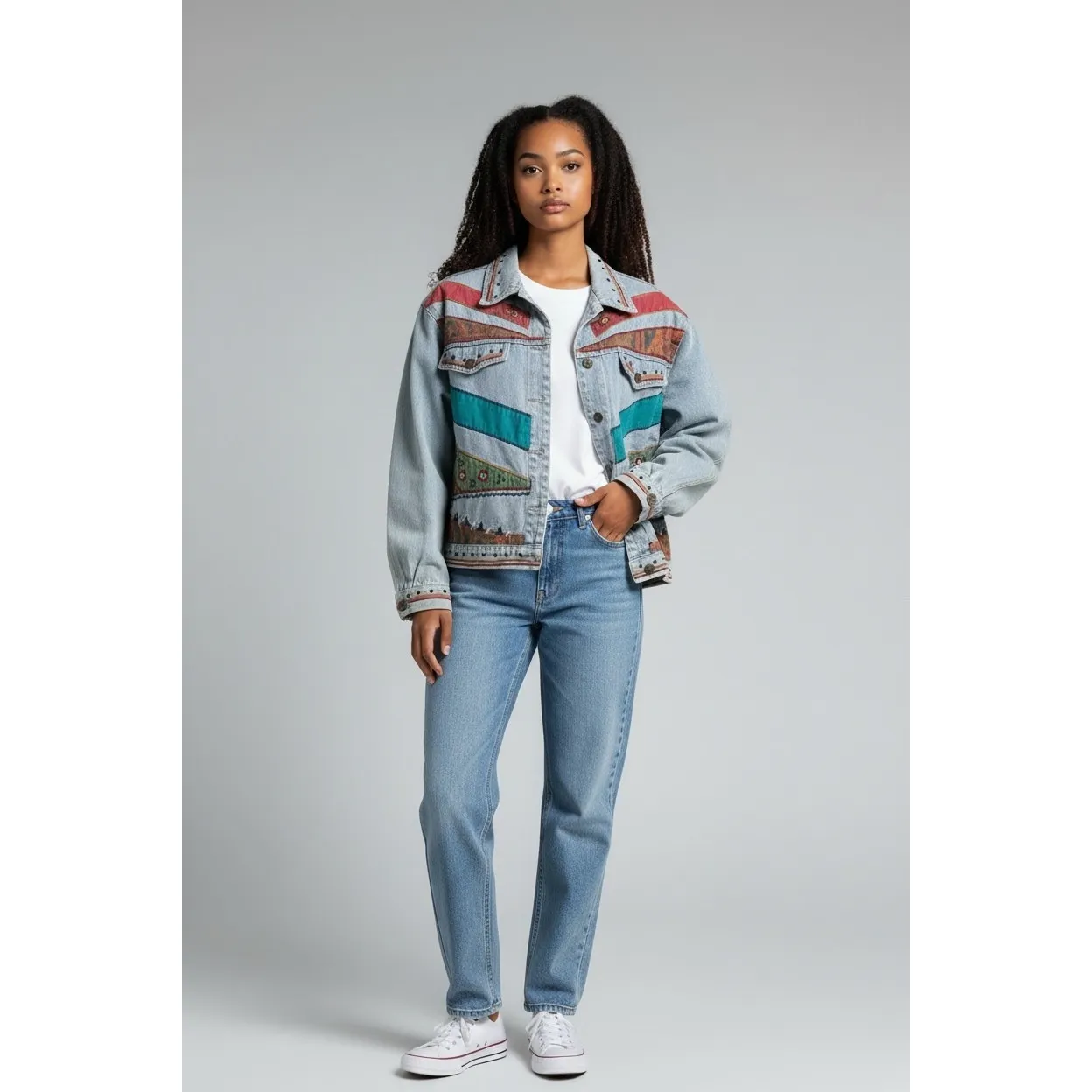 Petite Sophisticate Denim Jacket Southwestern Patchwork Embellished Size S - Image 2