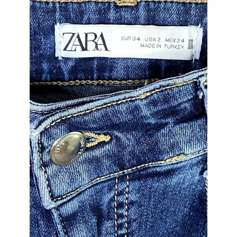 ZARA High Waisted Straight Slim Cut Full Length Flared Wide Leg Boot Cut 2 Blue - Image 9