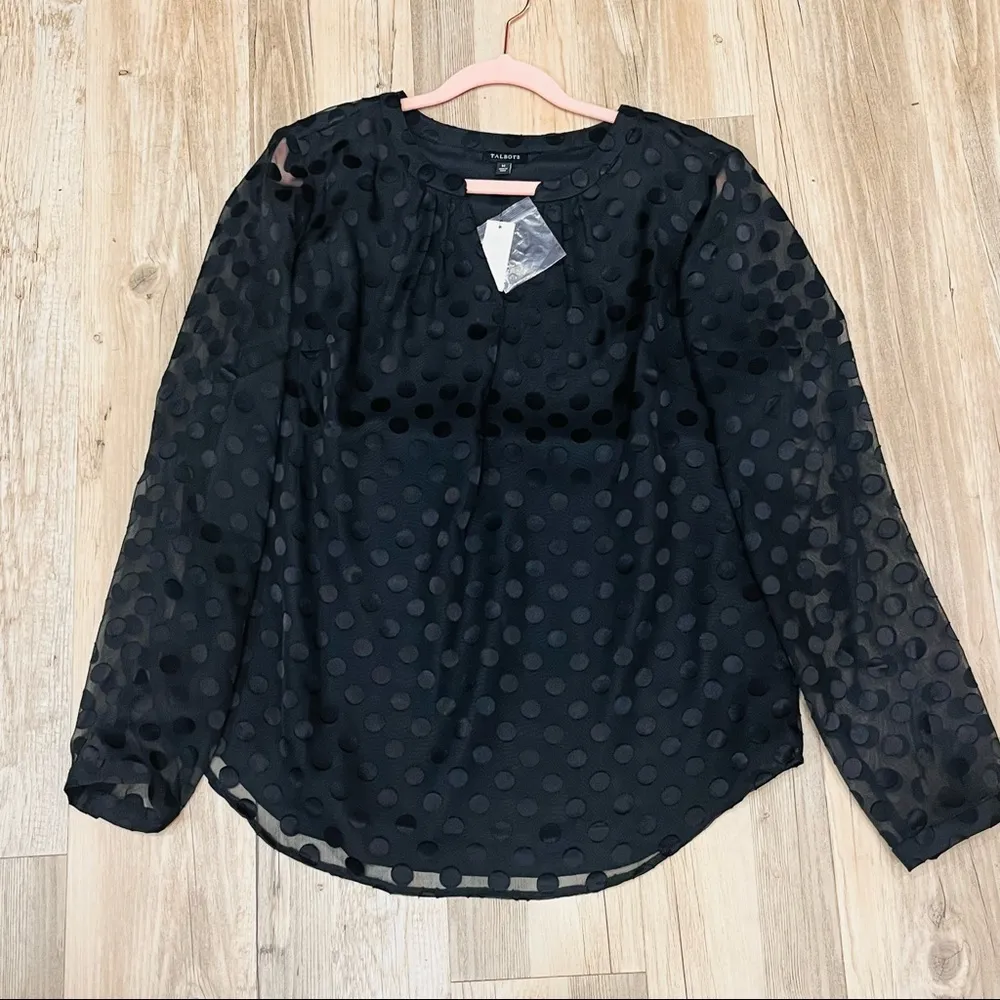 NWT Talbots Lined Sheer Long Sleeve Clip Dot V Neck Blouse black sz Medi… - Image 35