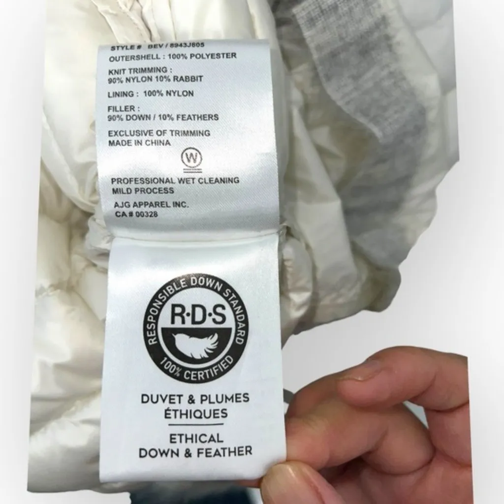 BRAND NEW Sosken Designer White Down Puffer Longline Fur Trim Jacket Coat XL XXL Silver - Image 13